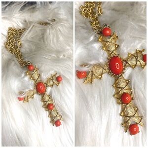 Vintage 70s gold costume large orange stone enamel cross necklace w/ gold chain